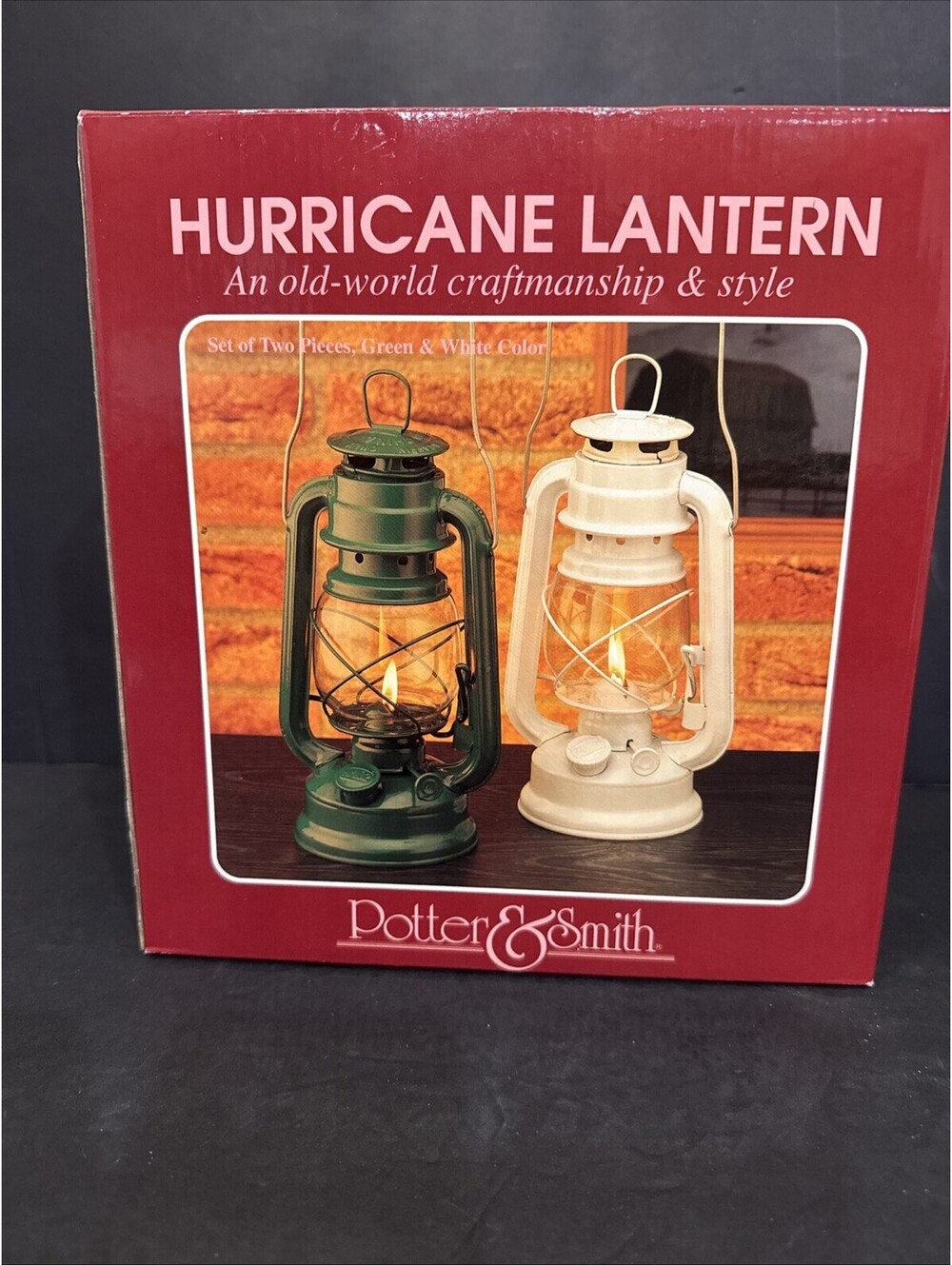 Potter & Smith (2) Hurricane Oil Kerosene Lamps 9.5" Tall White and Green New